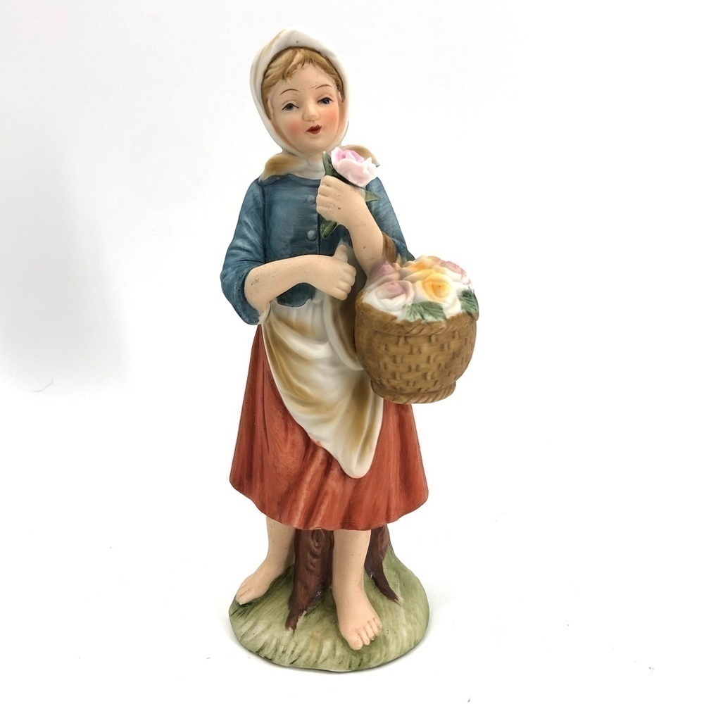 Vintage Lefton Hand Painted Girl Woman Rose Flower Basket 8150 Japan Figurine